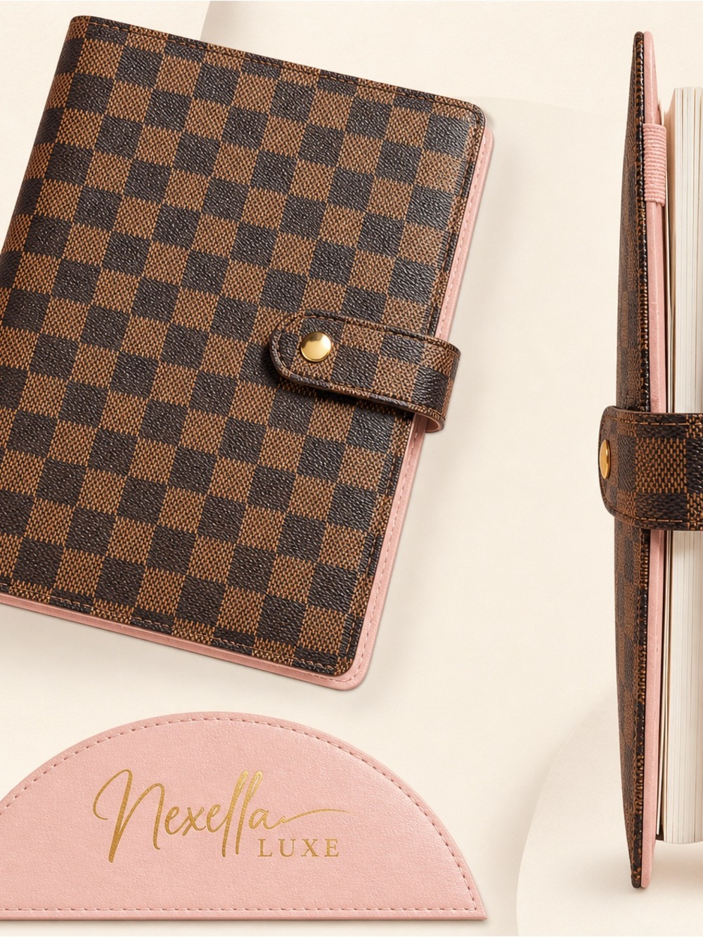 Pink & Brown Checkered Card Holder Wallet